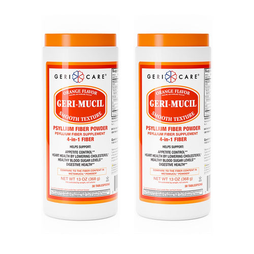 GeriCare Geri-Mucil Psyllium| 4-In-1 Orange-Flavor Psyllium Husk Powder| Daily Fiber Supplement| Sweetened Gluten-Free Fiber Drink Mix| Water-Soluble Husk Fiber Powder For Bowel Movement|13oz (2 Pack)