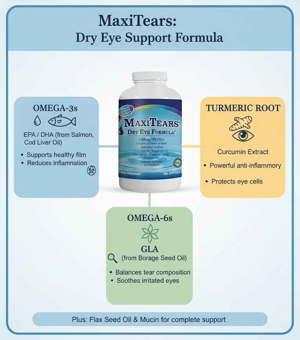 Dry Eye Supplement, Omega-3 Fish Oil Eye Health Supplement for Adults, Enteric-Coated Softgels with Mucin Complex, Turmeric Root, Eye Vitamins A & D3, EPA & DHA, 90-Day Supply, 360 Count