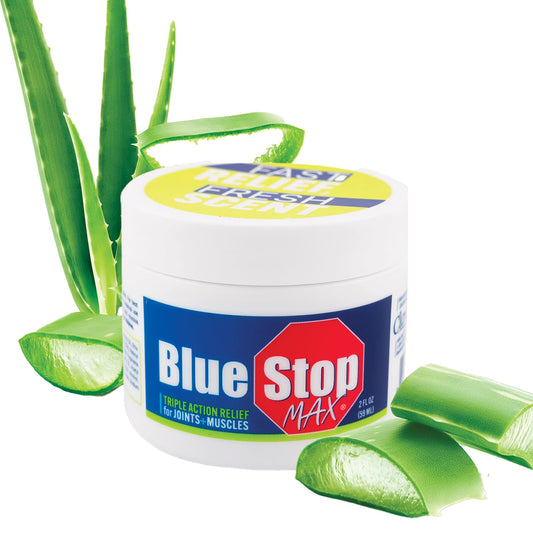 Blue Stop Max Muscle & Joint Gel: Fast-Acting Sore Muscle, Back & Neck Discomfort Cream, Emu Oil Formula for Ankle, Leg Cramps, Tennis Elbow - 2 Oz Jar