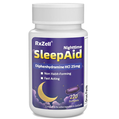 RXZELL Sleep Aid, Diphenhydramine HCl 25mg, 220 Softgels - Fall Asleep Faster, Deeper Restful Sleeping, Non Habit-Forming