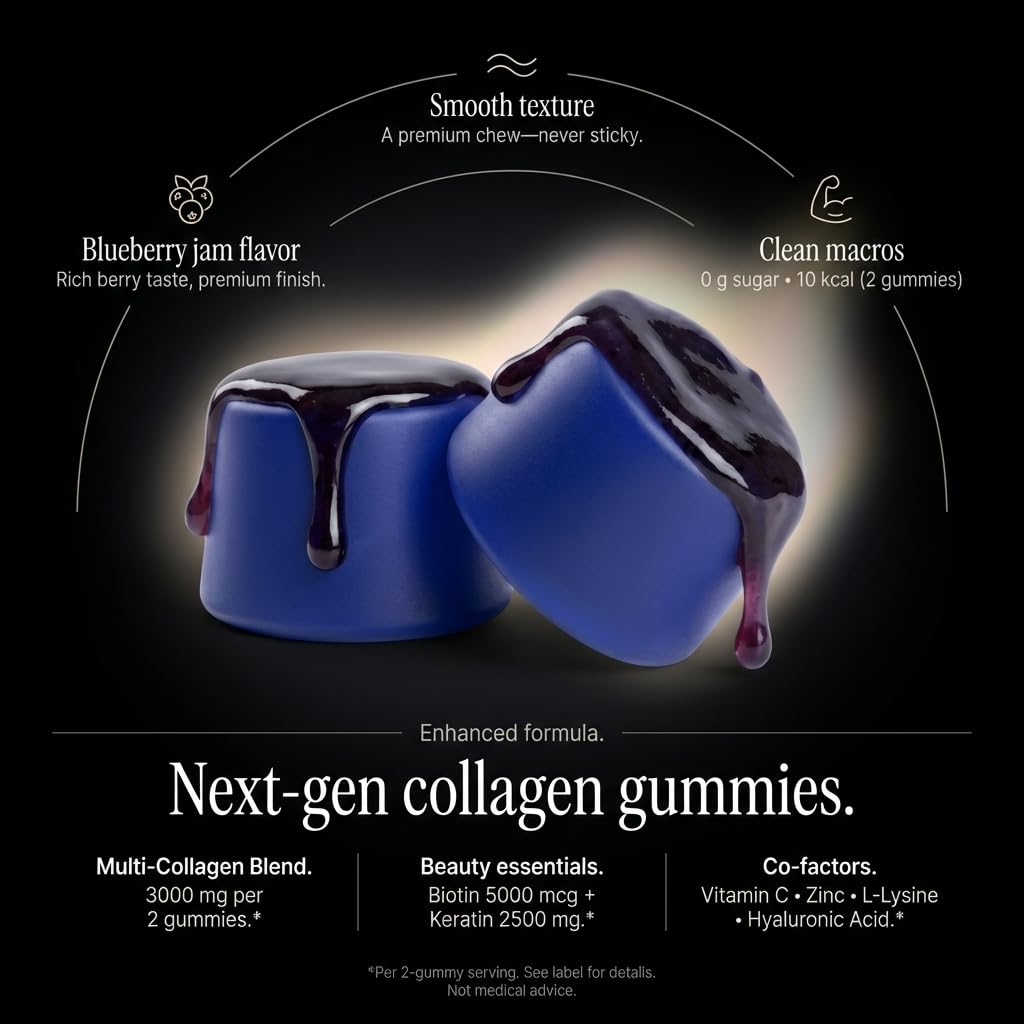 Collagen Peptides Gummies Sugar Free 3000mg Multi Collagen Blend for Hair Skin & Nails Support + 2500mg Keratin + 5000mcg Biotin, Hyaluronic Acid, Vitamin C & Zinc, 60 Gummies (Packaging May Vary)