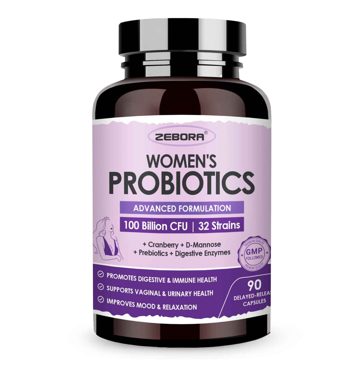 ZEBORA Probiotics for Women Digestive Health with Enzymes & Prebiotics 100 Billion CFUs - Vaginal Probiotics with D Mannose & Cranberry - Urinary Tract Health