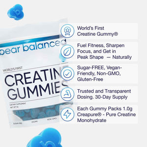 Bear Balanced Creatine Gummies for Men & Women - Creapure Creatine Monohydrate, L-Theanine, L-Tyrosine & B12 for Muscle Growth, Strength, Focus, Energy & Health