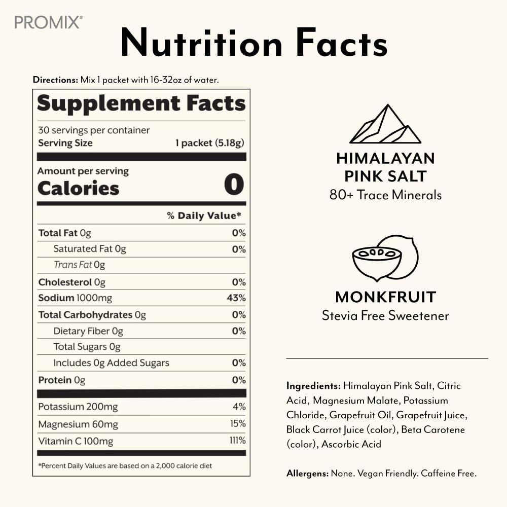 ProMix Nutrition Electrolytes Powder Hydration Packets - Himalayan Pink Salt, Magnesium, Potassium, Vitamin C - Sugar Free - 30 Count