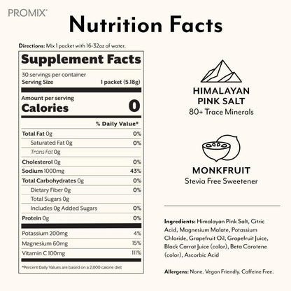 ProMix Nutrition Electrolytes Powder Hydration Packets - Himalayan Pink Salt, Magnesium, Potassium, Vitamin C - Sugar Free - 30 Count