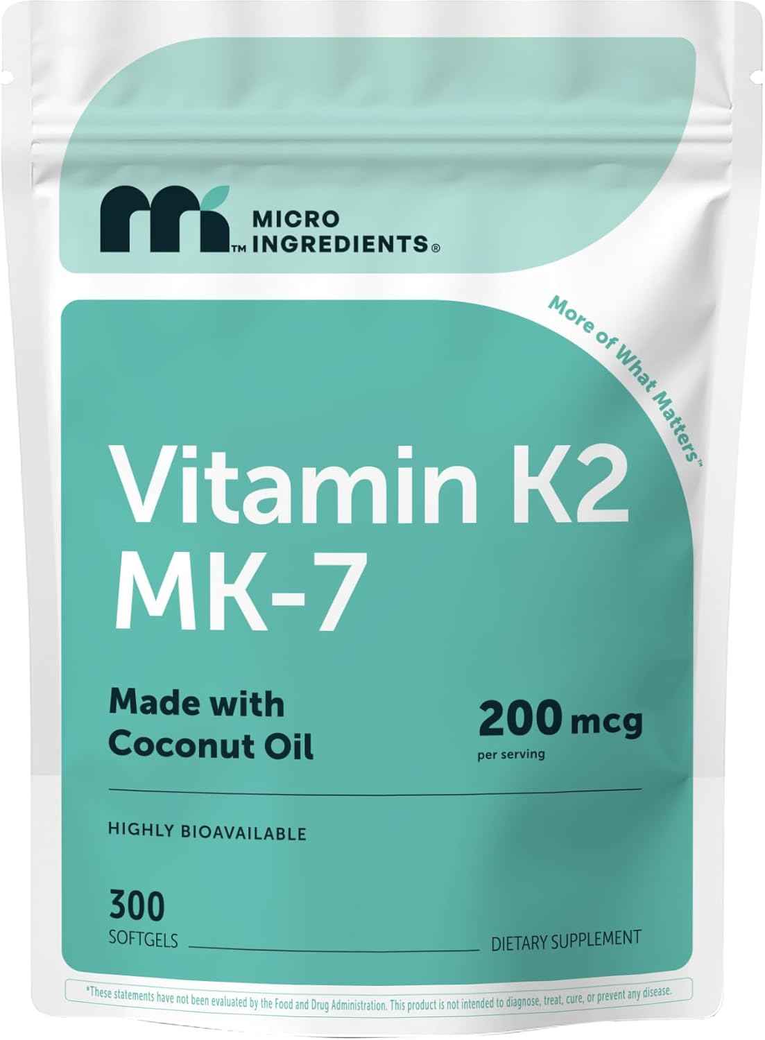 Micro Ingredients Vitamin K2 MK-7 200 mcg Per Serving, 300 Coconut Oil Softgels - K2 Vitamin Supplement with Coconut Oil - Non-GMO