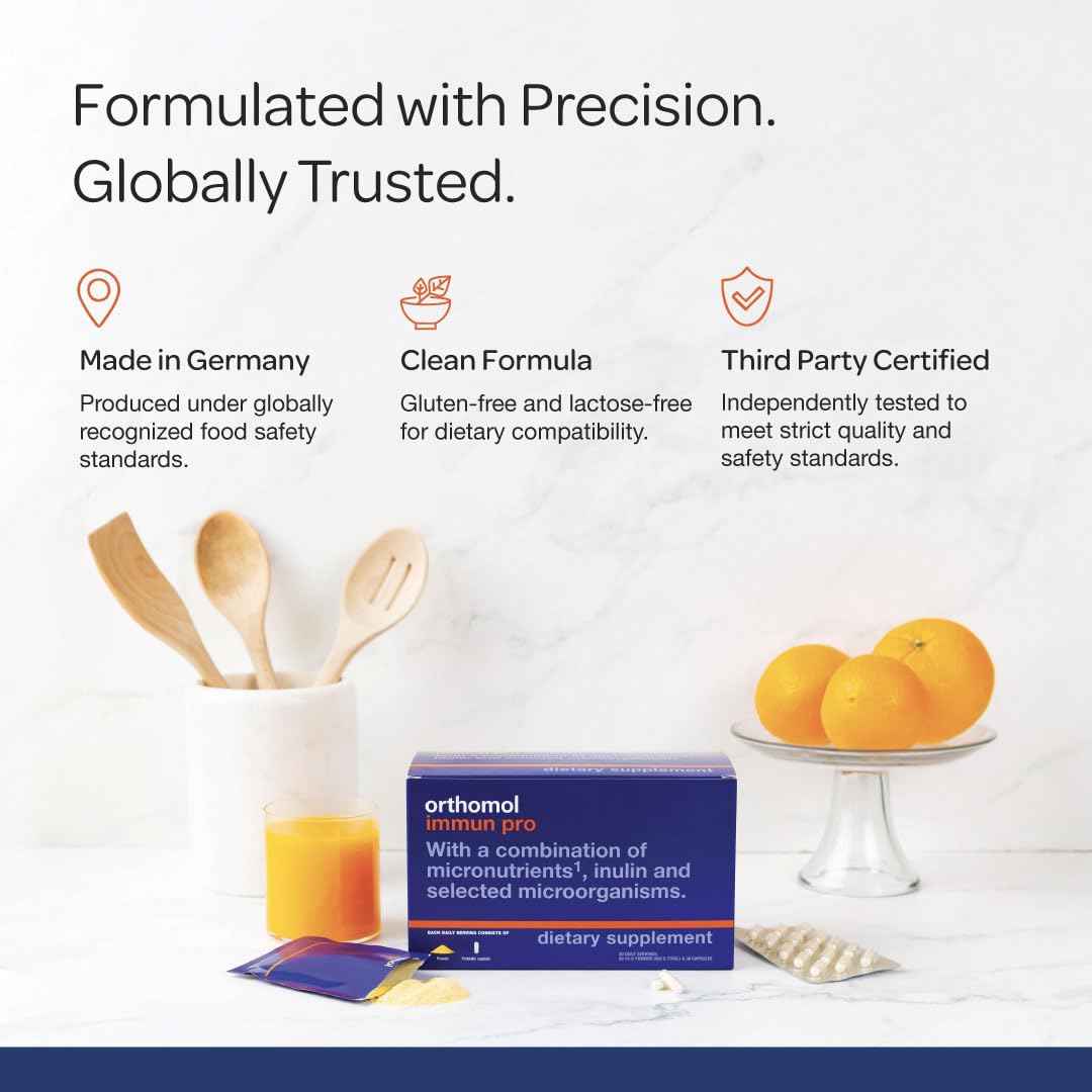 Orthomol Immun Pro, Immune Support & Gut Health Powder & Capsules for Adults with Probiotics, Prebiotics, Fiber, Vitamin C, Zinc, Selenium, Iodine, Vitamin D, E, A,B, Calcium (30 Day Supply)