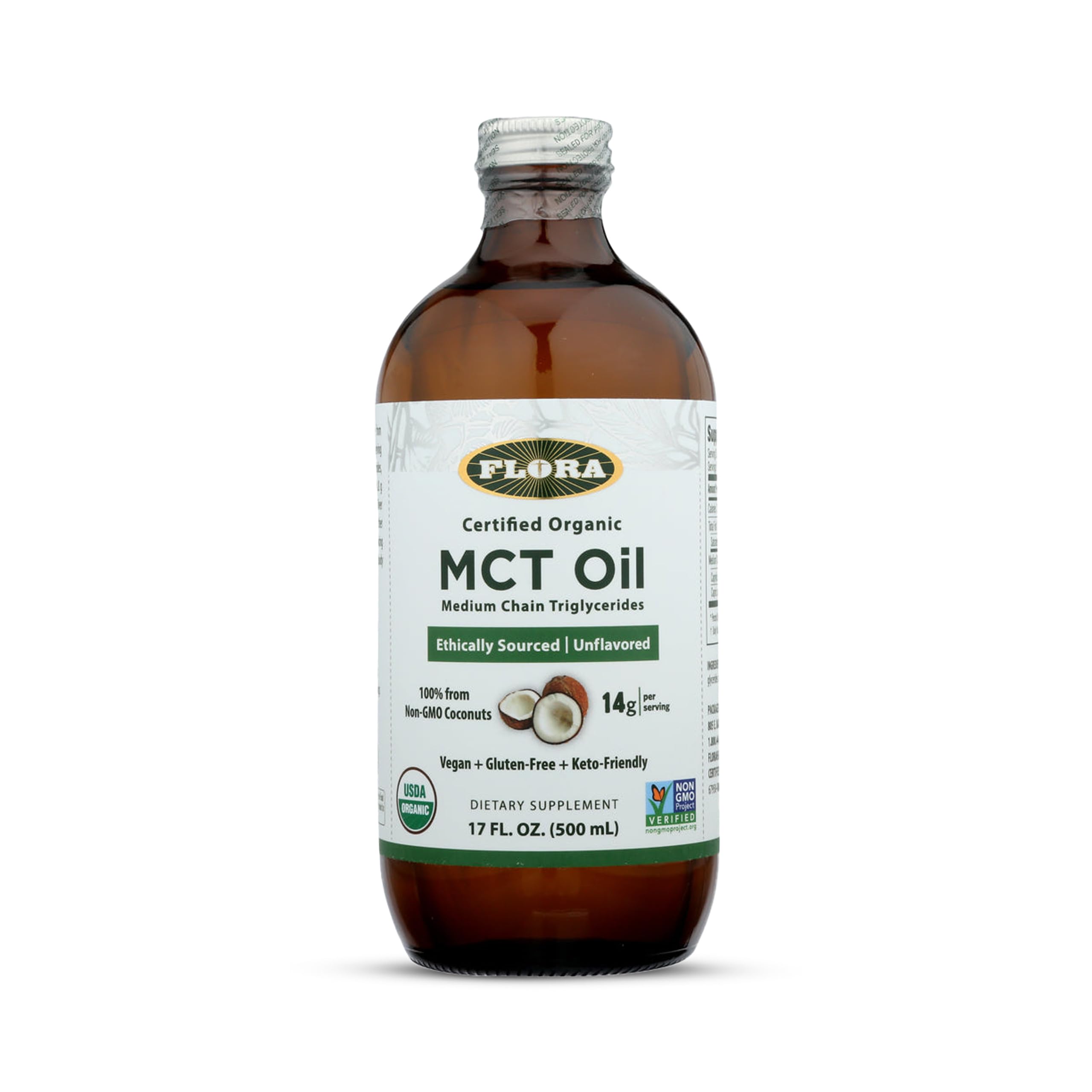 Flora - MCT Oil Certified Organic - Supports Muscle Energy & Brain Health - Contains C8 Caprylic Acid & C10 Capric Acid - Non-GMO, Gluten-Free, Vegan & Keto-Friendly - 17 fl. oz. Glass Bottle