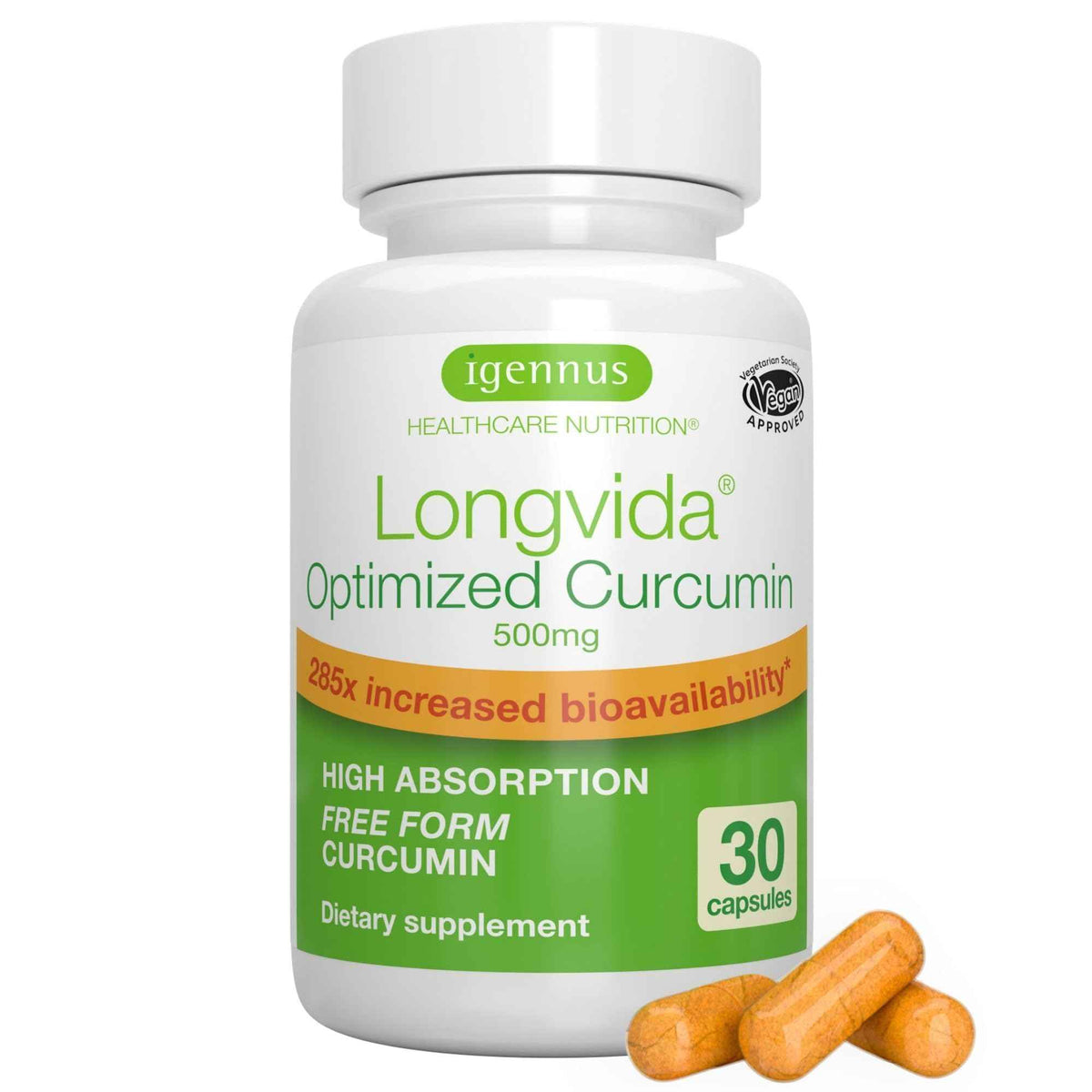 Igennus Longvida Curcumin 500mg - High Absorption ‘Free’ Curcumin, 65x Higher Plasma Levels, Sustained Release (7hr Half-Life), Brain & Cognitive Support, Vegan, 30 Capsules