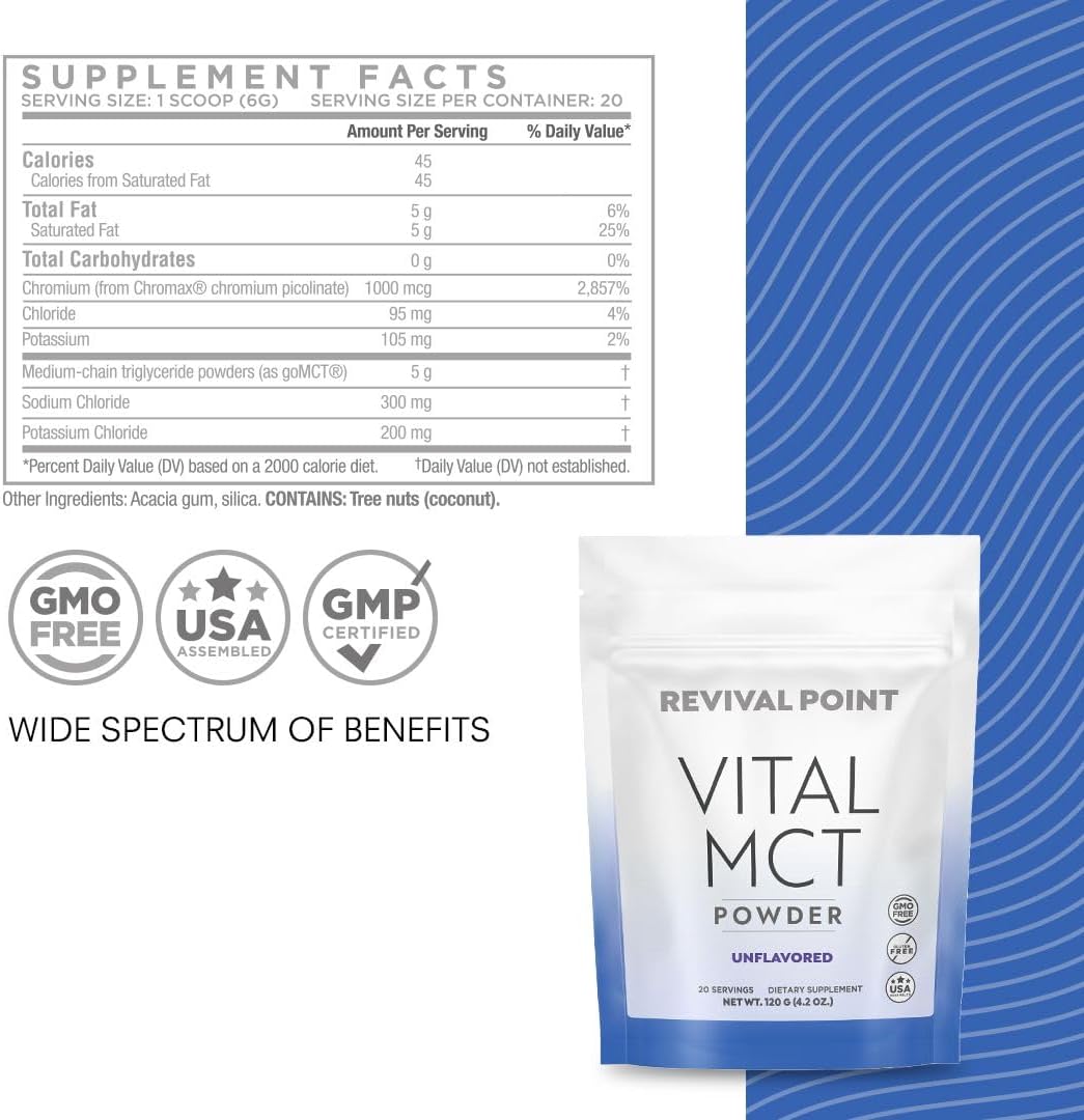 Premium Unflavored MCT Oil Powder with Keto Electrolytes- Creamer for Coffee, Tea, and Shakes- Includes 15x Bioavailable Chromium Picolinate, C10 and C8 MCT Oil Derived from Coconuts - 120 Grams