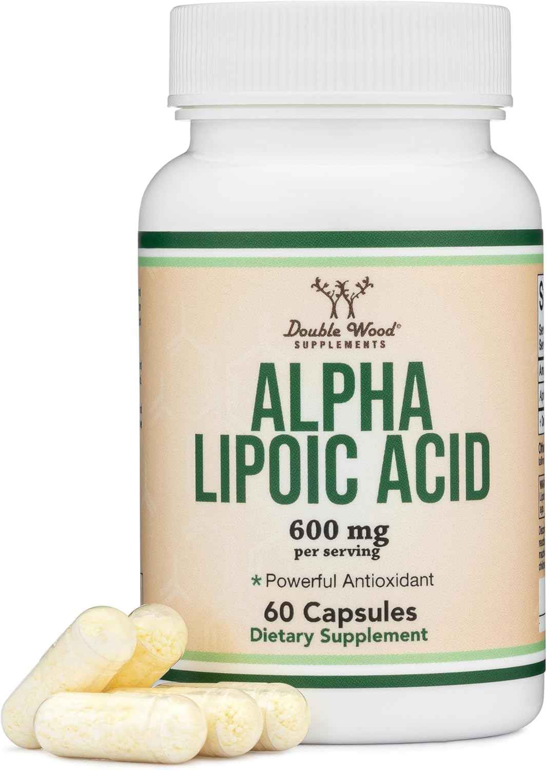 Alpha Lipoic Acid 600mg per Serving, 60 Capsules (Third Party Tested, Non-GMO, Gluten Free, Vegan Safe) Cellular Energy Support (ALA Supplement) by Double Wood