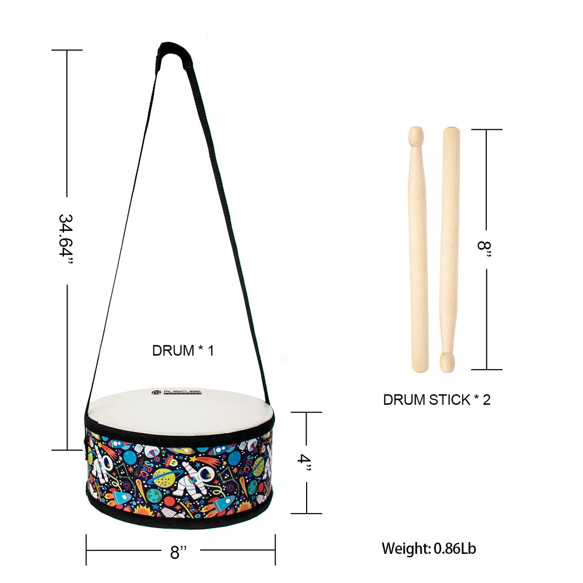 MUSICUBE Kids Drum Set 8-Inch Wooden Toys with an Adjustable Strap and 2 Drumsticks Educational Baby Musical Toys Drum Sensory Musical Instrument Toys for Toddler Boys & Girls Gift Packing