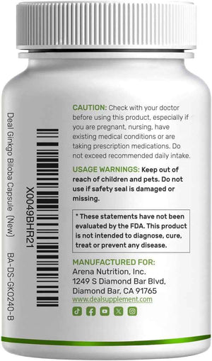 DEAL SUPPLEMENT Ginkgo Biloba 500mg Per Serving, 240 Capsules, 4 Month Supply - Grown in Northern Asia - Extra Strength, Promotes Brain Function