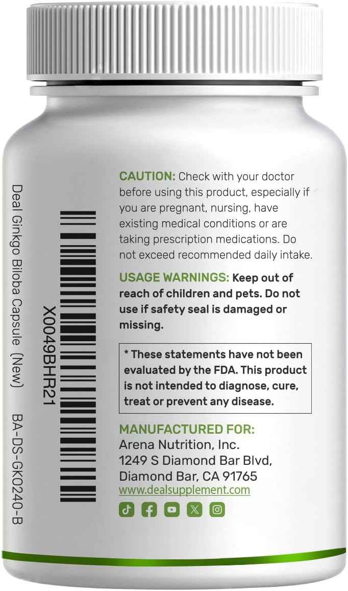 DEAL SUPPLEMENT Ginkgo Biloba 500mg Per Serving, 240 Capsules, 4 Month Supply - Grown in Northern Asia - Extra Strength, Promotes Brain Function