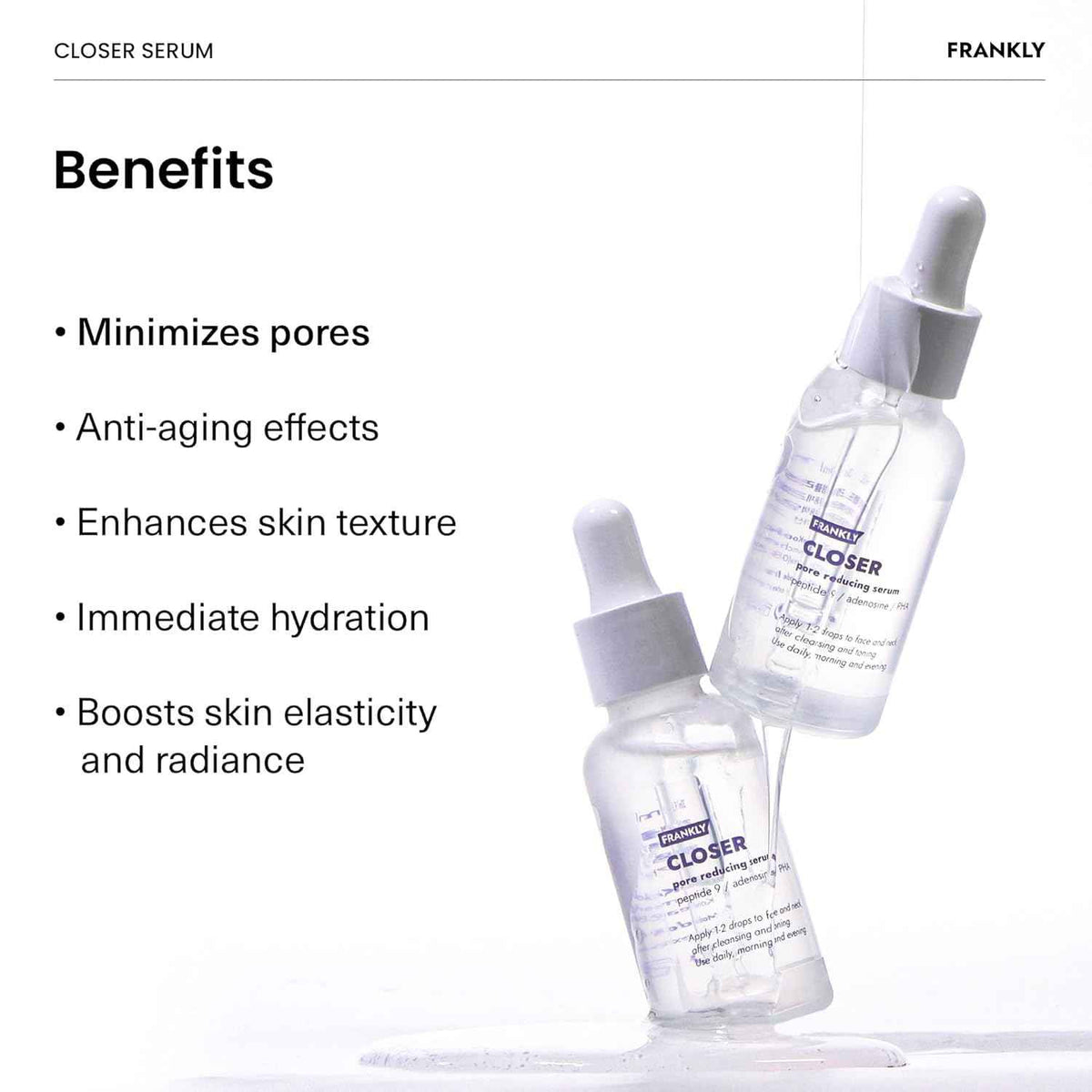 FRANKLY Closer Serum - Pore Minimizer Serum - 9 Peptides, Vegan Collagen, Adenosine, PHA - Korean Pore Minimizer for Glass Skin