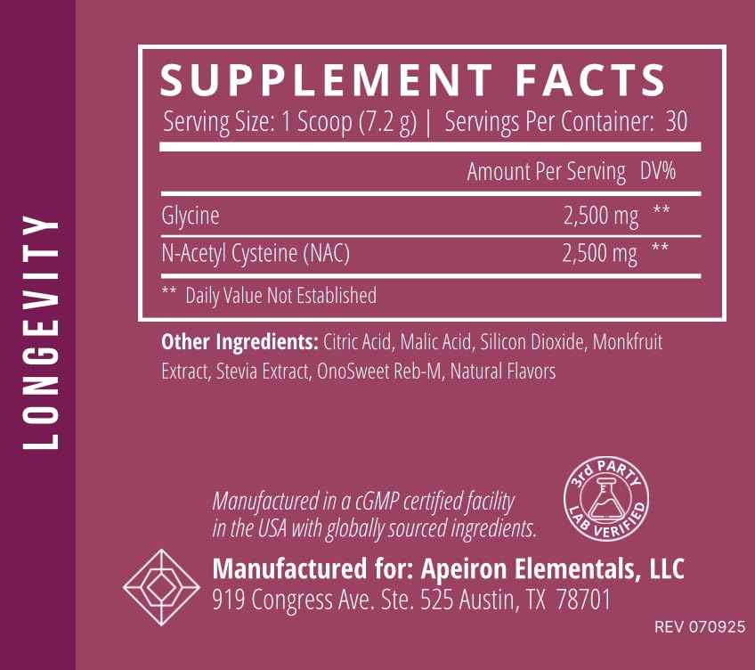 Apeiron Elementals NAC + Glycine Powder - 2500mg - Glutathione Production, Immune Support, & Cellular Energy