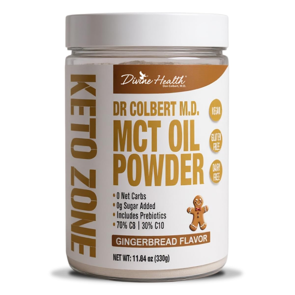 Dr. Colbert, MD MCT Oil Powder | Gingerbread Flavor | by Divine Health | Keto Zone | 70% C8 30% C10 | 0 Net Carbs | Gluten Free | 30 Day Supply | 330g