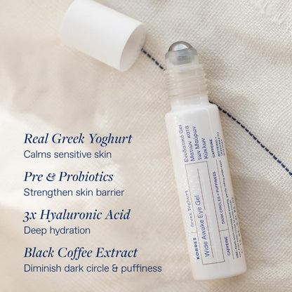 KORRES Greek Yoghurt Wide Awake Eye Gel Serum – Brightening Eye Roller with Hyaluronic Acid & Caffeine for Dark Circles & Puffiness (0.51 fl oz)