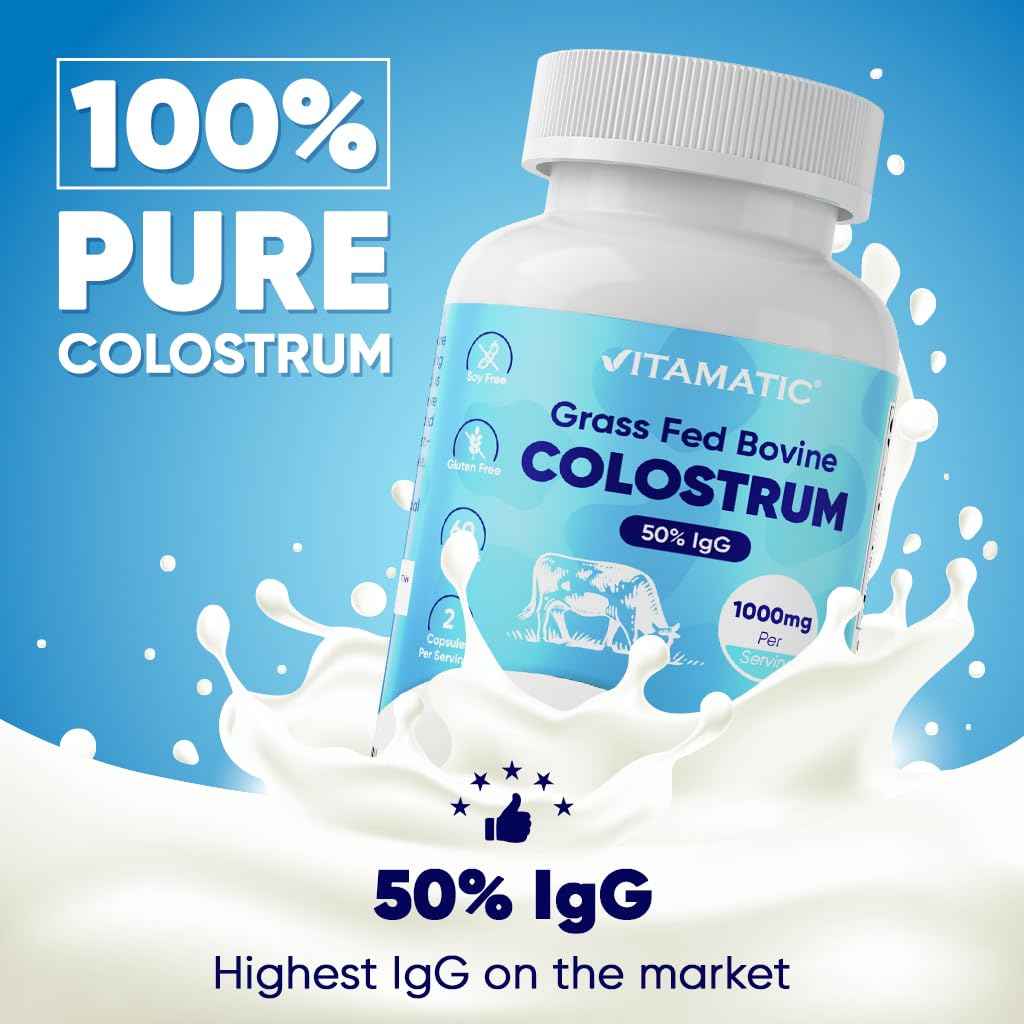 Vitamatic Bovine Colostrum Supplement 1000 mg per Serving - 50% Highest IgG - Supplement for Gut Health, Hair Growth, Beauty, Muscle Recovery, & Immune Support - 120 Capsules - 2 Pack