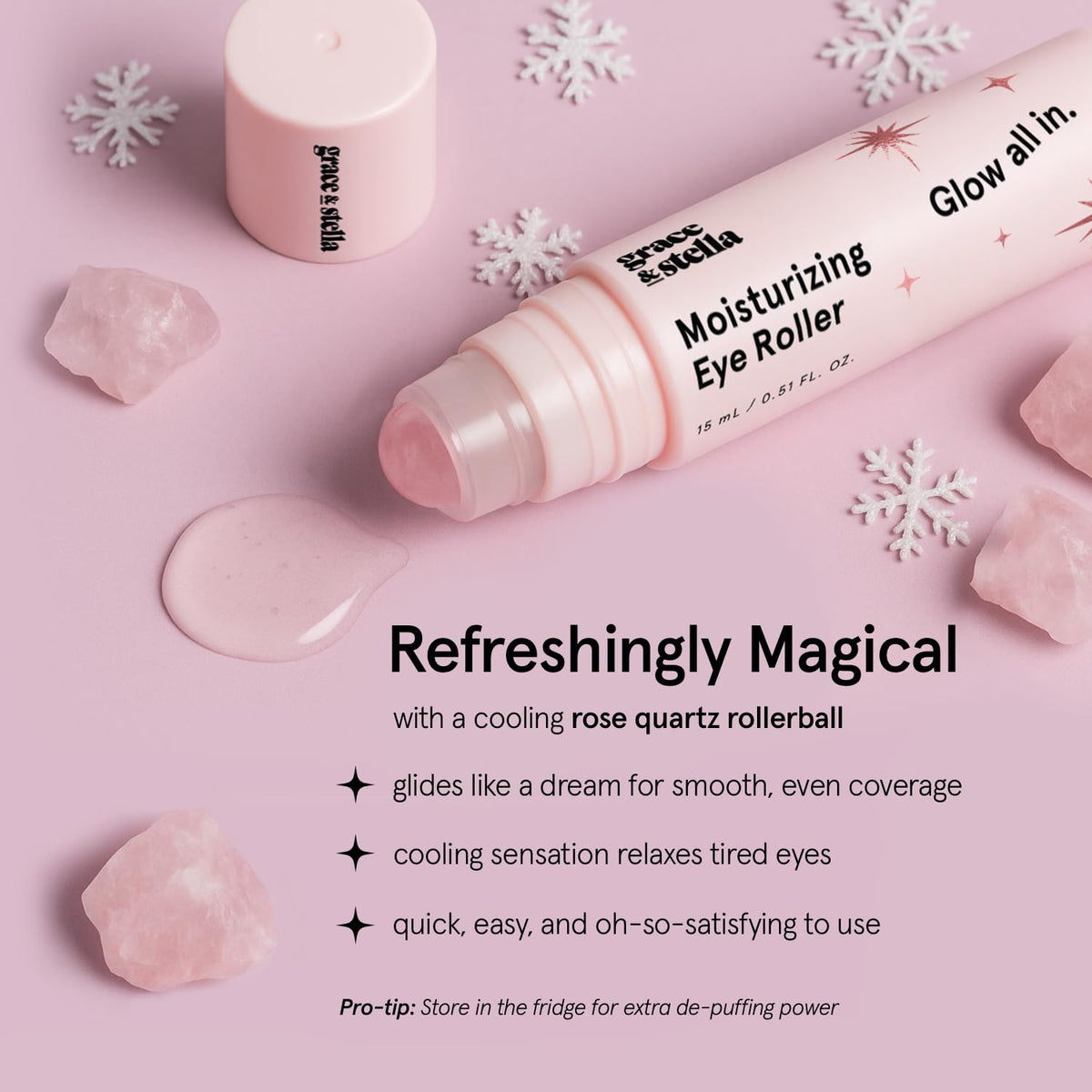 Grace & Stella Under Eye Brightener - 15ml (0.51oz) - Rose Quartz Rollerball Eye Serum with Hyaluronic Acid & Caffeine