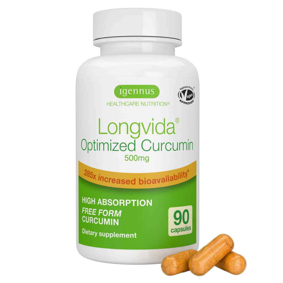 Igennus Longvida Curcumin 500mg - High Absorption ‘Free’ Curcumin, 65x Higher Plasma Levels, Sustained Release (7hr Half-Life), Brain & Cognitive Support, Vegan, 30 Capsules