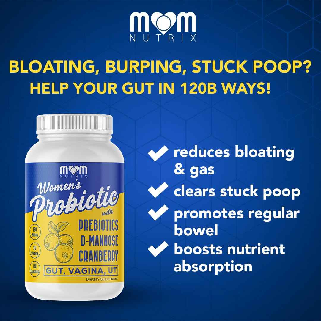 MOM NUTRIX Probiotic for Women - Vaginal, Gut, UT, pH Balance, Feminine & Digestive Health - Prebiotics with Probiotics, Cranberry, D-mannose - Bifidobacterium and Lactobacillus - 120 Capsules