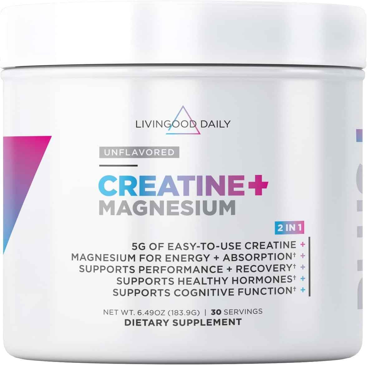 Livingood Daily Creatine + Magnesium Powder, Unflavored - 5g Micronized Creatine Monohydrate with Magnesium for Energy, Muscle Recovery & Performance - 30 Servings