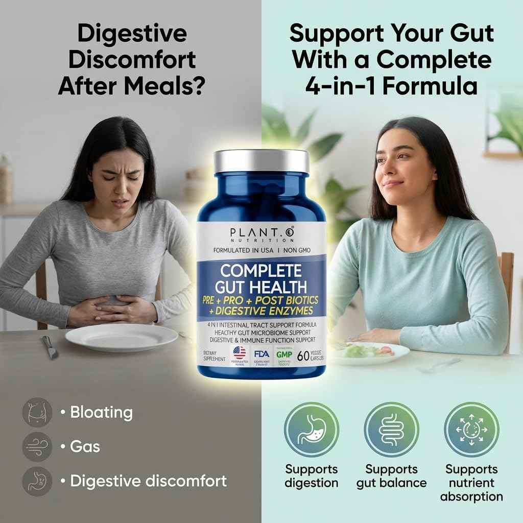 4-in-1 Gut Health Support - Prebiotics + Probiotics + Postbiotics + Digestive Enzymes for Women and Men - DE111 Spore Probiotic for Digestive Support & Bloating - Non-GMO - 60 Veggie Capsules