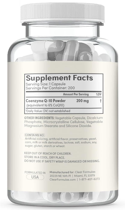 Clear Formulas CoQ10 200mg 200 Capsules Quick Absorption Non-GMO