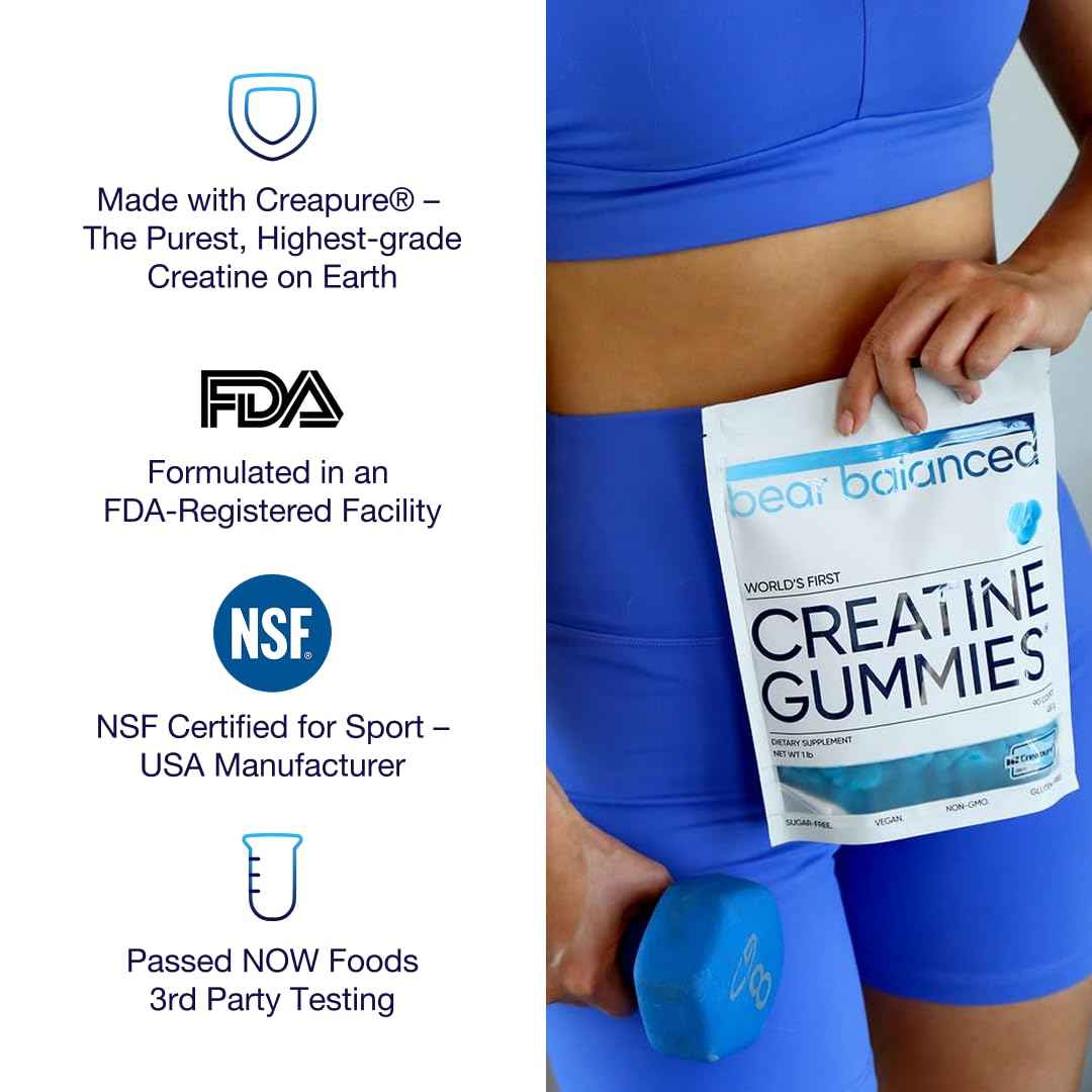 Bear Balanced Creatine Gummies for Men & Women - Creapure Creatine Monohydrate, L-Theanine, L-Tyrosine & B12 for Muscle Growth, Strength, Focus, Energy & Health