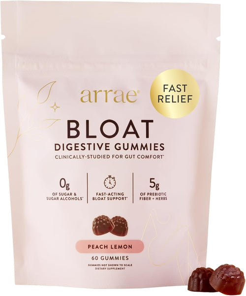 Arrae Bloat Gummies, Sugar-Free with Fiber, Peach Lemon, 60 Count