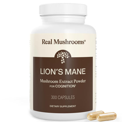 Real Mushrooms Lions Mane Mushroom Cognition (120 Capsules) Lions Mane Mushroom Powder Extract Capsules - Brain Supplement, Brain Vitamins, Focus Supplement