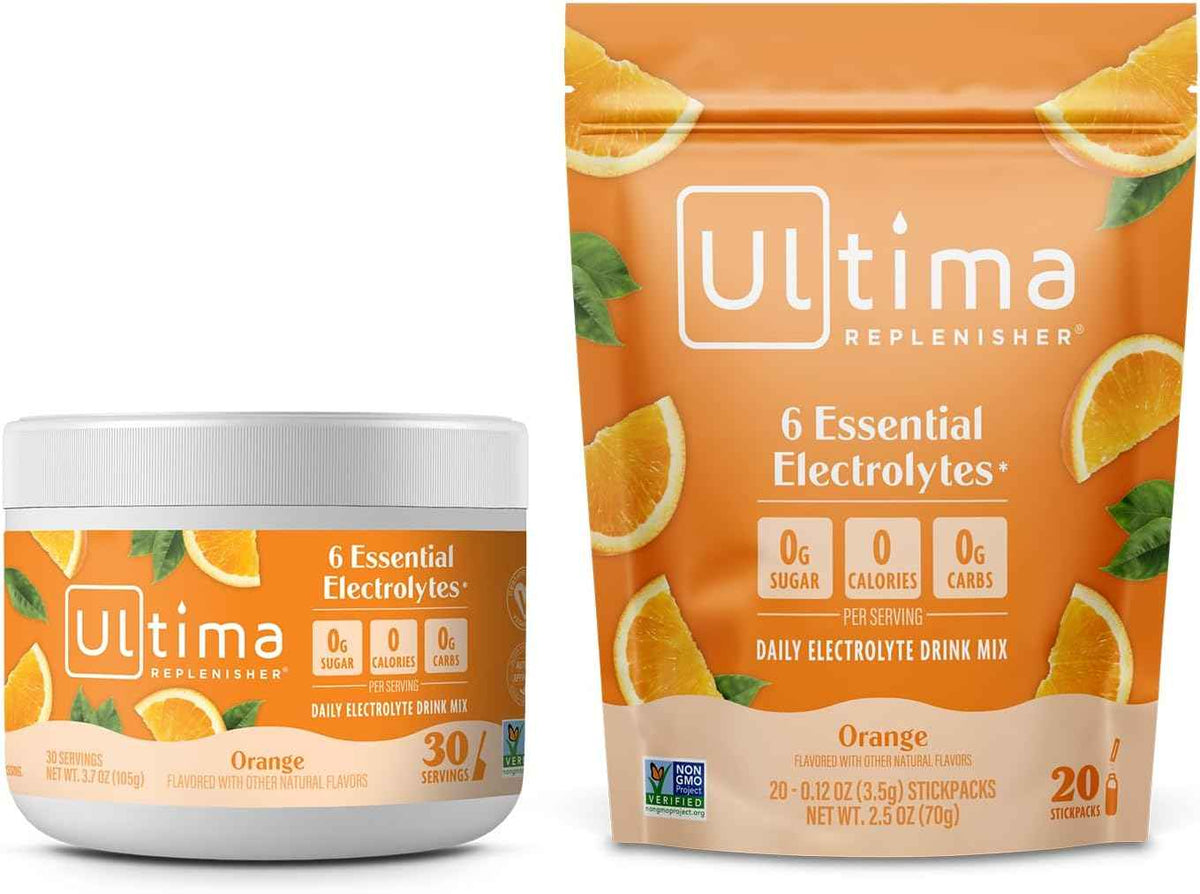 Ultima Replenisher Electrolyte Powder Drink Mix Bundle - Sugar Free - Orange, 30 Serving Canister and 20 Stickpacks - 6 Electrolytes and Minerals - Keto Friendly, Vegan, Non-GMO
