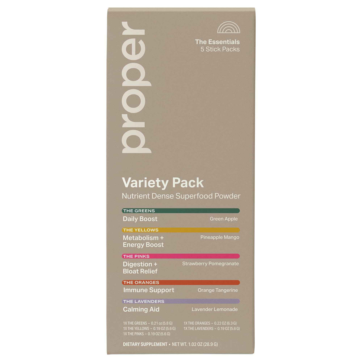 Proper The Essentials Super Foods Powder 5-Stick Variety Pack - Super Greens, Gut Health, Metabolism & Energy, Calm Magnesium Powder & Immune Support Supplement Packs