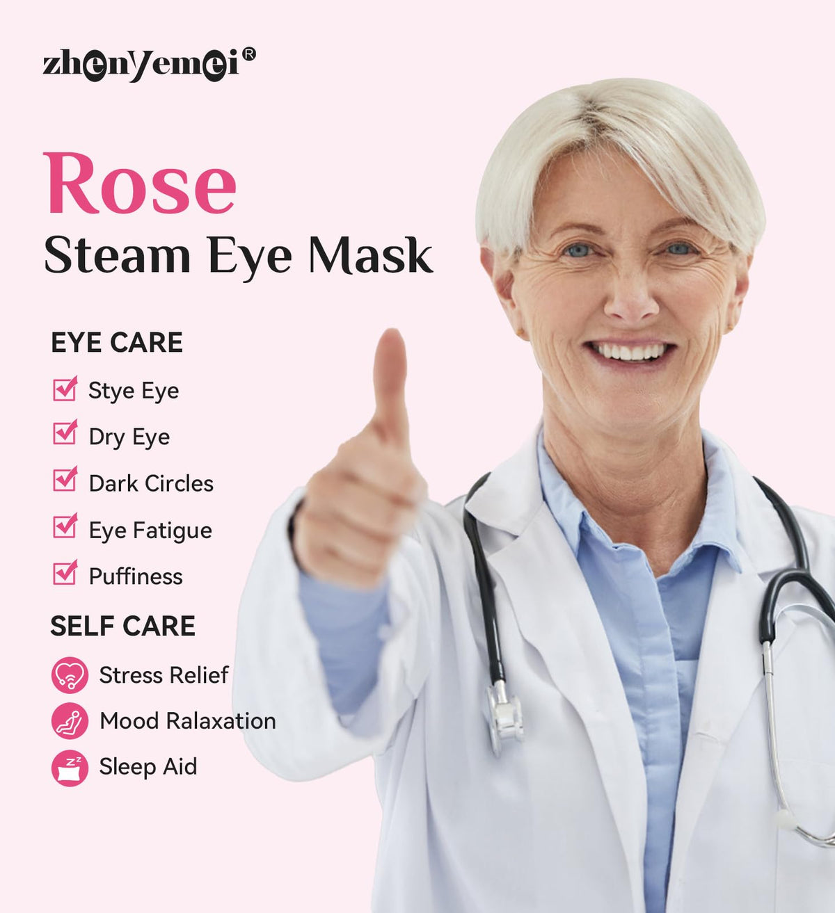 ZHENYEMEI Rose Heated Eye Mask - Self-Heating Warm Compress for Dry Eyes, Puffiness & Dark Circles - Relaxing Rose Scent (18 Packs)