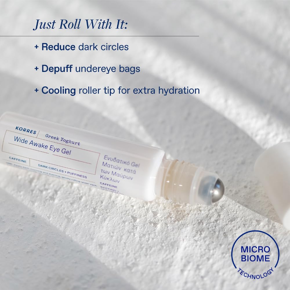 KORRES Greek Yoghurt Wide Awake Eye Gel Serum – Brightening Eye Roller with Hyaluronic Acid & Caffeine for Dark Circles & Puffiness (0.51 fl oz)