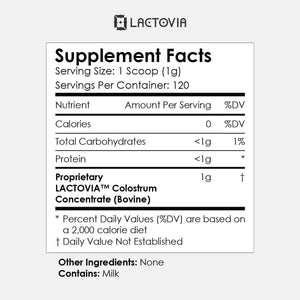 LACTOVIA Bovine Colostrum Powder - Grass-Fed Organic Colostrum Supplement - Gut & Immune Health Support - Raw, Unflavored - Keto, Gluten & Fat-Free - for Women & Men