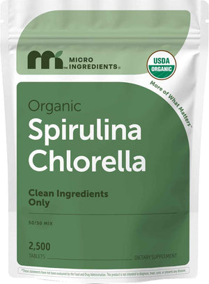 Micro Ingredients Organic Spirulina Chlorella Mini Tablets, 2,500 Tablets (8 Month Supply) - 50/50 Algae Blend - No Fillers, Non-GMO