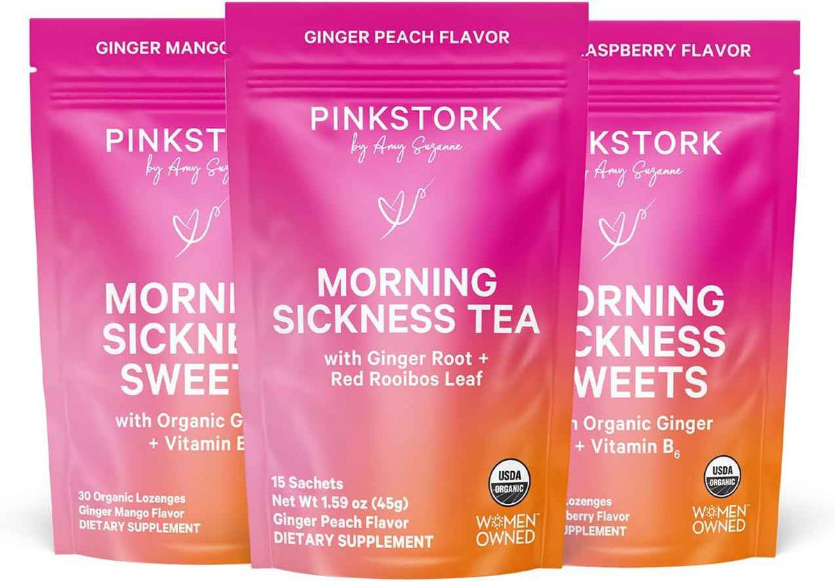 Pink Stork Morning Sickness Support Kit - 3-Piece Bundle with Organic Ginger Peach Tea, B6 Sweets, Ginger Lozenges - Pregnancy Support, First Trimester Essentials, Gift for Pregnant Women
