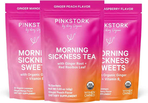 Pink Stork Morning Sickness Support Kit - 3-Piece Bundle with Organic Ginger Peach Tea, B6 Sweets, Ginger Lozenges - Pregnancy Support, First Trimester Essentials, Gift for Pregnant Women