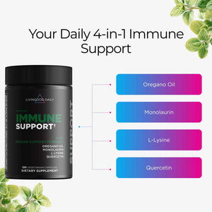 Livingood Daily Immune Support Supplement, 4-in-1 Formula with Oregano Oil, Monolaurin, L Lysine & Quercetin, Gut & Digestive Health, Gluten Free, Vegan, Non GMO, Allergen Free, 120 Capsules