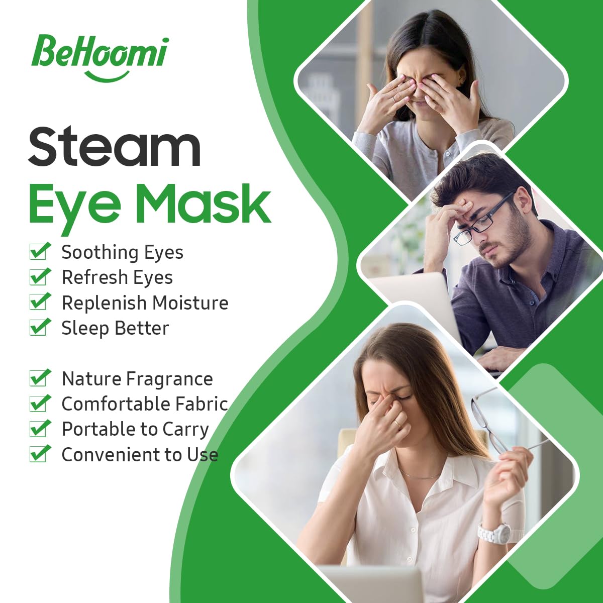 BeHoomi Self Heating Steam Eye Mask – Lemongrass Scented Warm Compress Heated Eye Mask for Sleep, Spa & Relaxation (20 Pack)