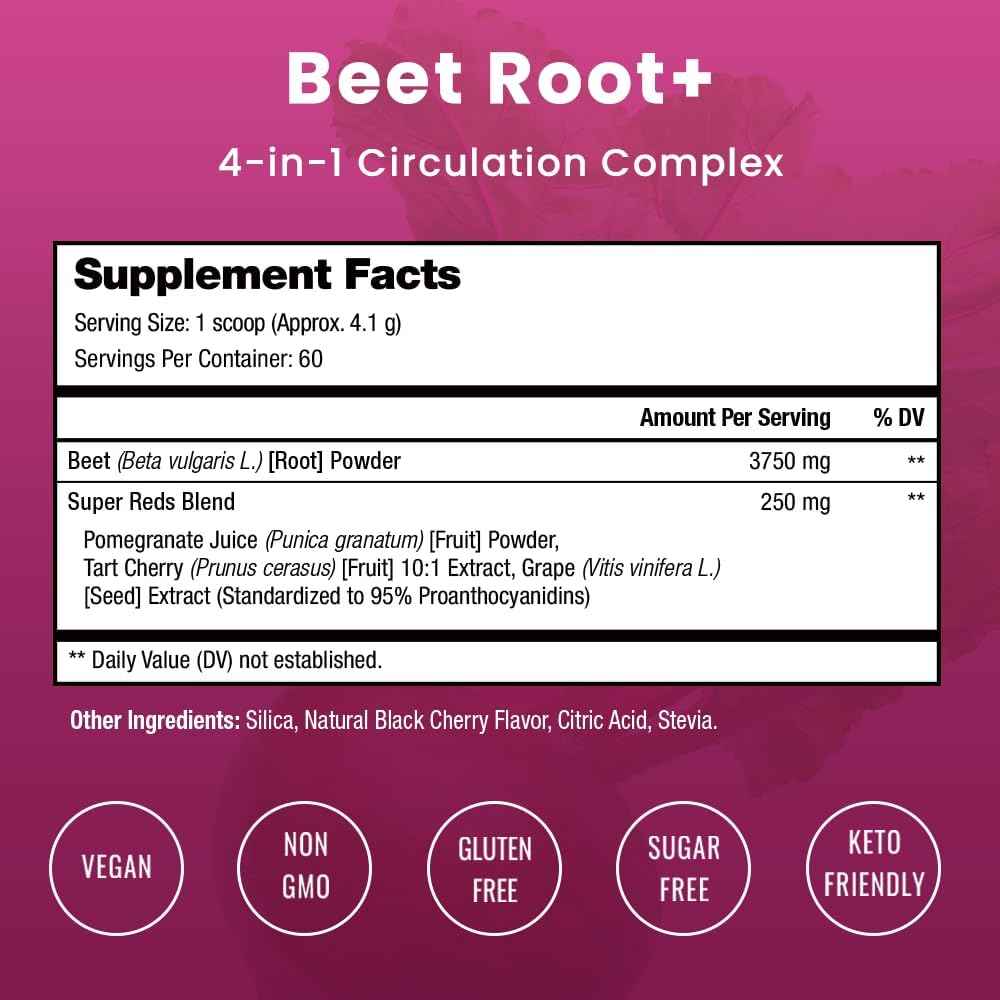 NutraChamps Beet Root Powder Circulation Supplement, Superfood Powder Nitric Oxide with Beetroot Juice, Super Reds & Grape Seed Extract, No Sugar Beet Supplement - 8.74 Oz