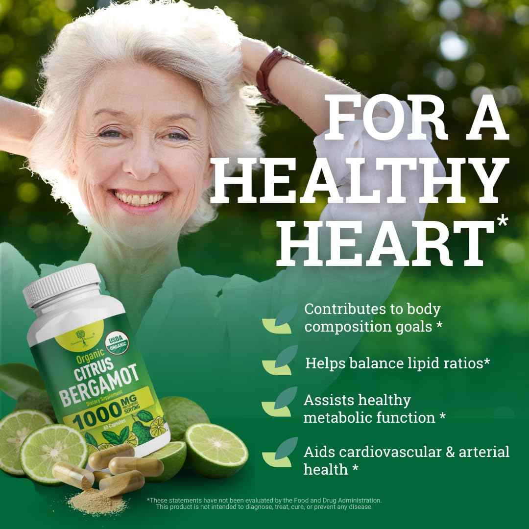 Organic Citrus Bergamot Supplement - Only USDA, Cardiologist Formulated with 200+ Scientific Studies -1000mg - Patented Extract, Heart, Cholesterol