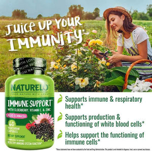 NATURELO Immune Support - Vitamin C, Elderberry, Zinc, Echinacea - Natural Immunity Boost w/Antioxidant, Herbal & Mineral Defense - 60 Vegan Capsules