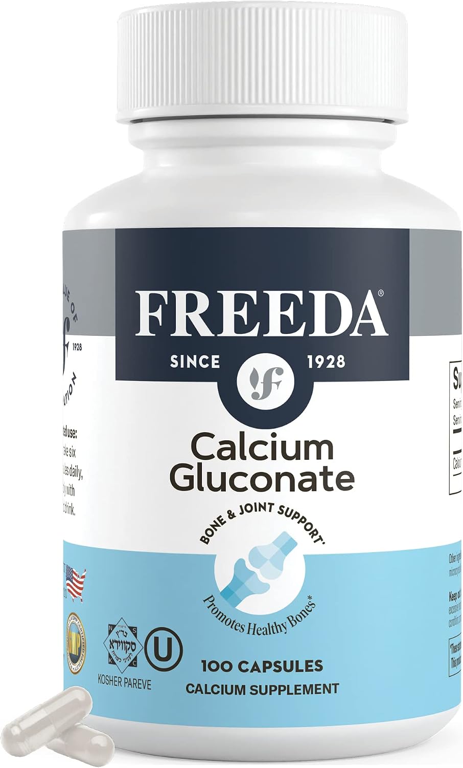 FREEDA Calcium Gluconate Supplement for Bone & Joint Support - 100 Capsules - Supports Teeth & Muscle Health - Pure Calcium w/o Vitamin D - Gentle on Stomach, Easy-to-Digest, Kosher, Vegan, Made in USA