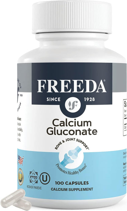 FREEDA Calcium Gluconate Supplement for Bone & Joint Support - 100 Capsules - Supports Teeth & Muscle Health - Pure Calcium w/o Vitamin D - Gentle on Stomach, Easy-to-Digest, Kosher, Vegan, Made in USA