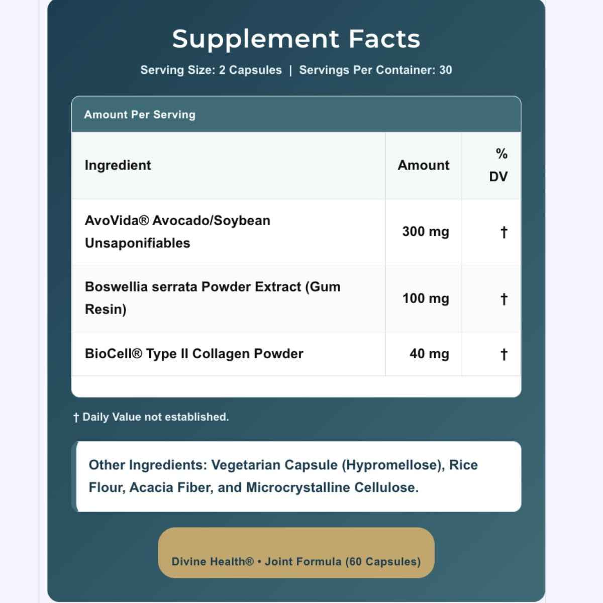 Dr. Colbert, MD Joint Formula - by Divine Health - Joint Health - AvoVida - Boswellia - 60 Capsules - 30 Servings