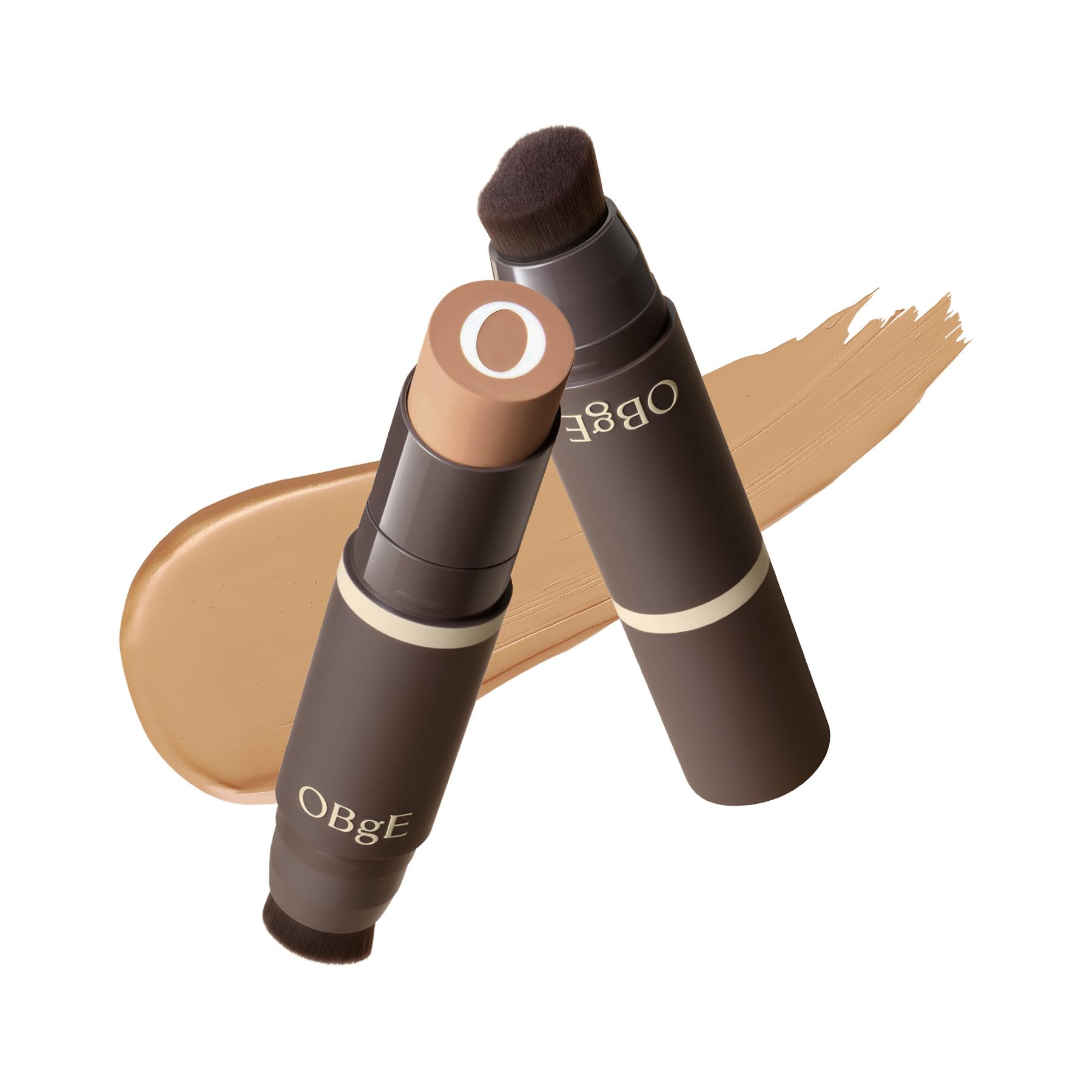 OBgE Natural Foundation Stick High Coverage with Brush #2 Beige, 0.49oz - Seamless Matte Finish, Immediate Pore Blurring, All-Day Shine Control, All-In-One Korean Makeup, Built In Detachable Brush