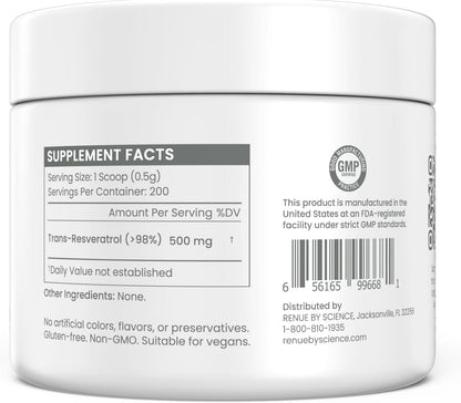 Renue By Science Resveratrol - High Strength Resveratrol Supplement - 100g Resveratrol Powder - Resveratrol 200 Day Supply - Non-GMO & Allergen Free - Manufactured in the USA Third-Party Tested